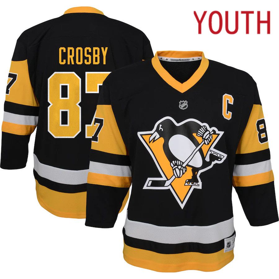 Youth Pittsburgh Penguins #87 Sidney Crosby Black Captain Patch Home Replica Player NHL Jersey